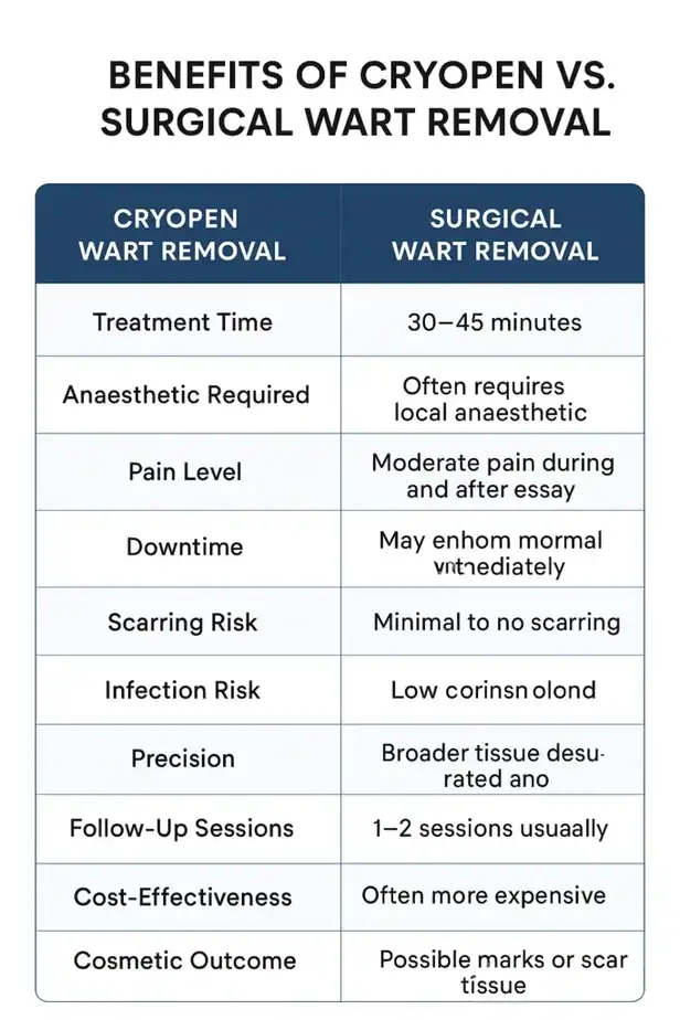 Table showing the benefits of cryopen to remove warts Taunton compared to surgical treatment